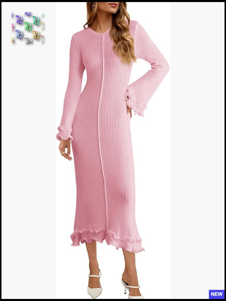 Bell Long Sleeve Knit Dress Ruffle Bodycon Crew Neck Midi Sweater Dress
